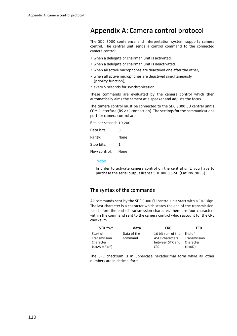 Appendix a: camera control protocol, The syntax of the commands | Sennheiser CONFERENCE SYSTEM SDC 8000 User Manual | Page 110 / 116