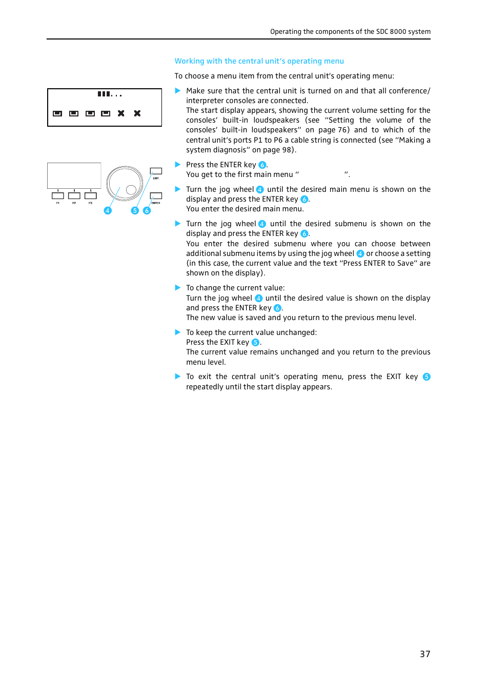 Working with the central unit’s operating menu | Sennheiser CONFERENCE SYSTEM SDC 8000 User Manual | Page 37 / 116