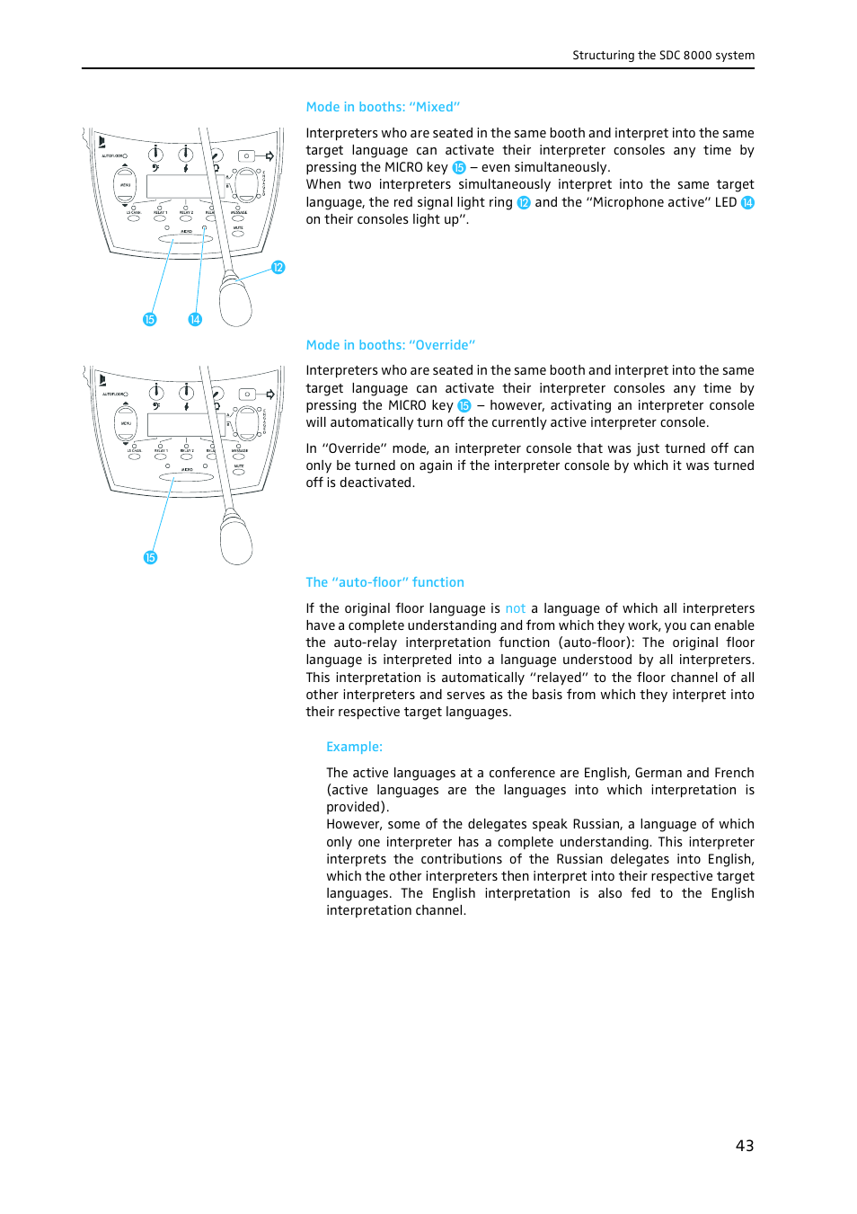 Mode in booths: “mixed, Mode in booths: “override, The “auto-floor” function | Sennheiser CONFERENCE SYSTEM SDC 8000 User Manual | Page 43 / 116