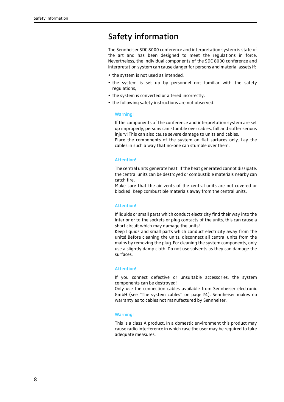 Safety information, Afety information | Sennheiser CONFERENCE SYSTEM SDC 8000 User Manual | Page 8 / 116