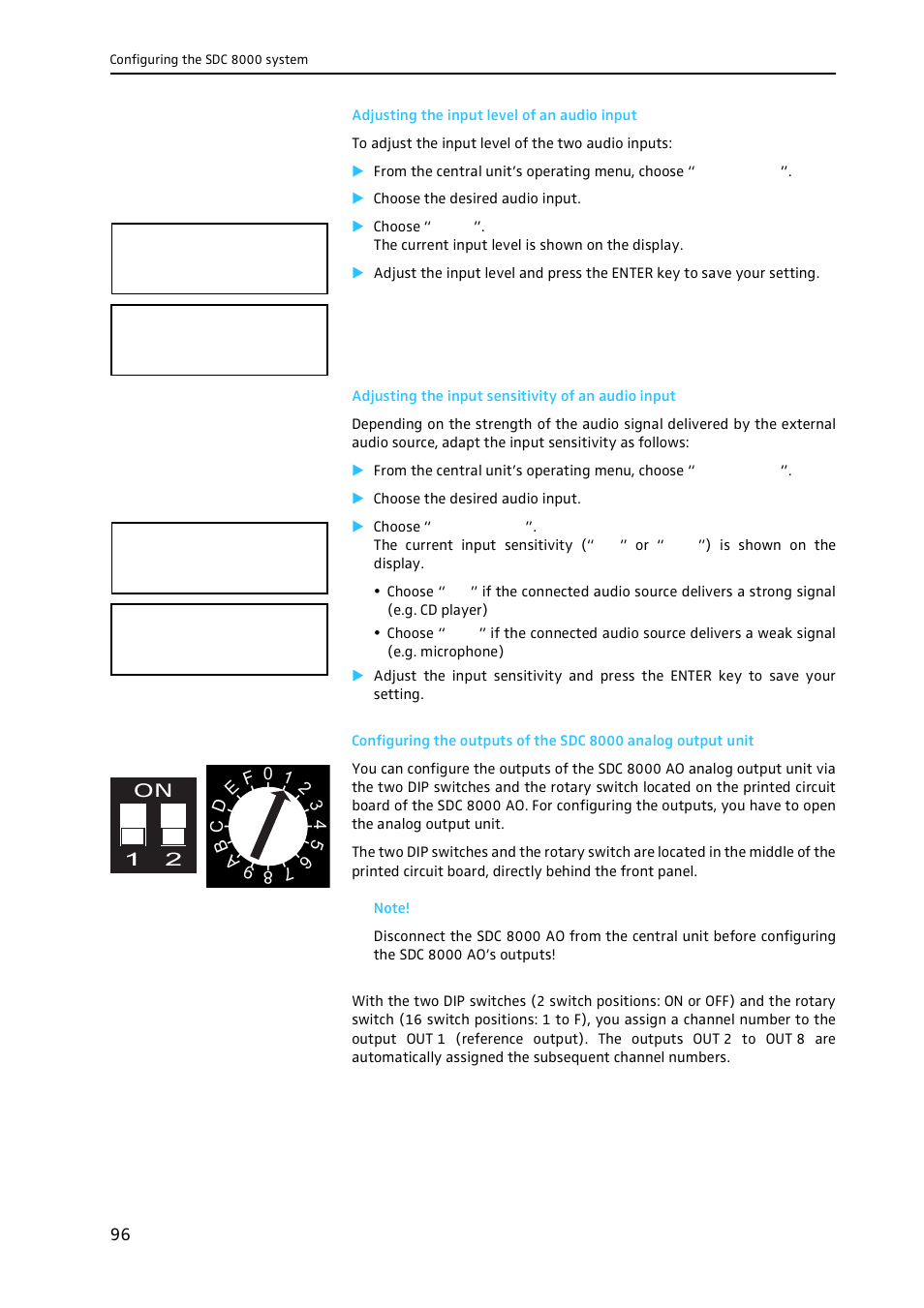 Adjusting the input level of an audio input, Adjusting the input sensitivity of an audio input | Sennheiser CONFERENCE SYSTEM SDC 8000 User Manual | Page 96 / 116