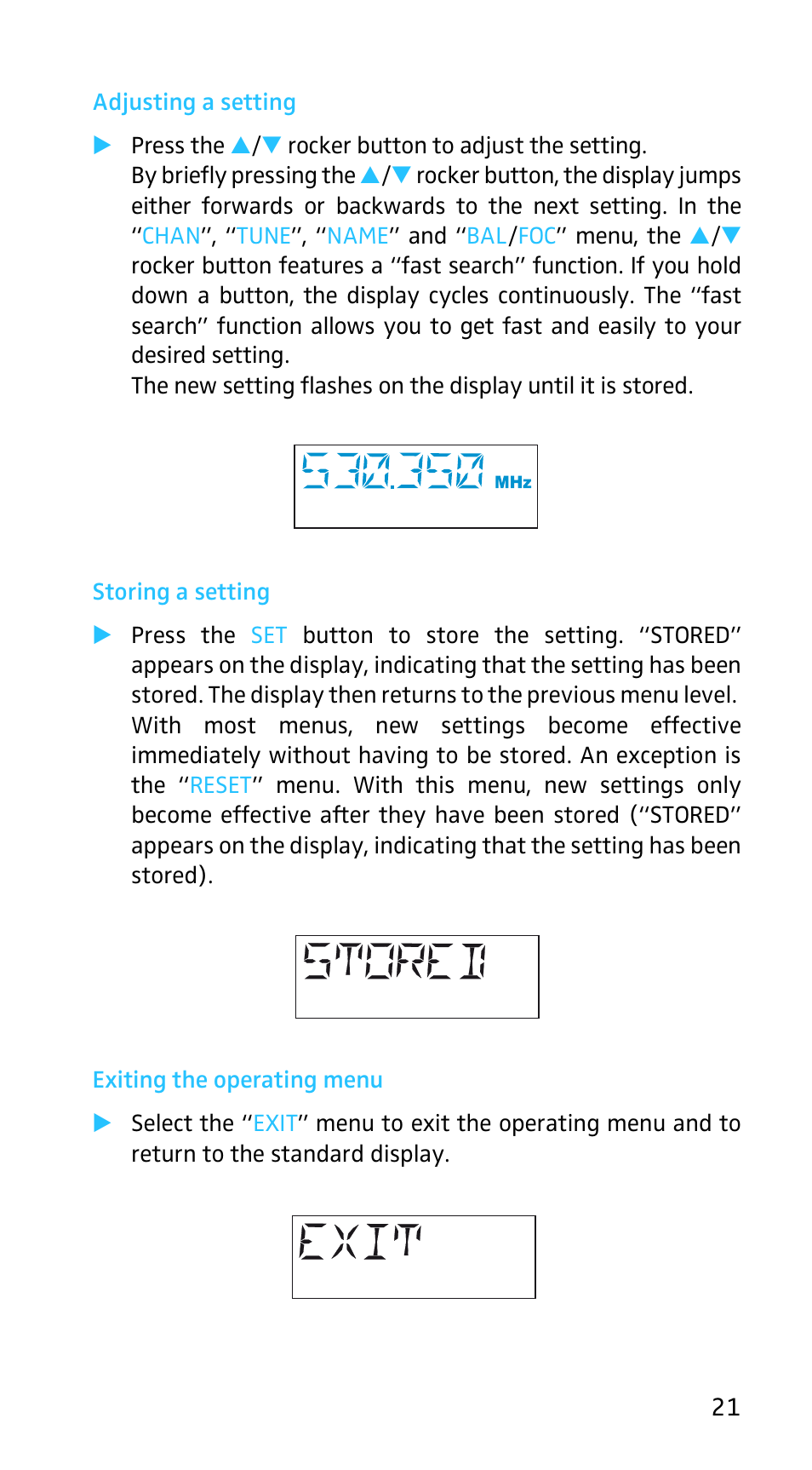 Adjusting a setting, Storing a setting, Exiting the operating menu | Sennheiser EK3253 User Manual | Page 19 / 36