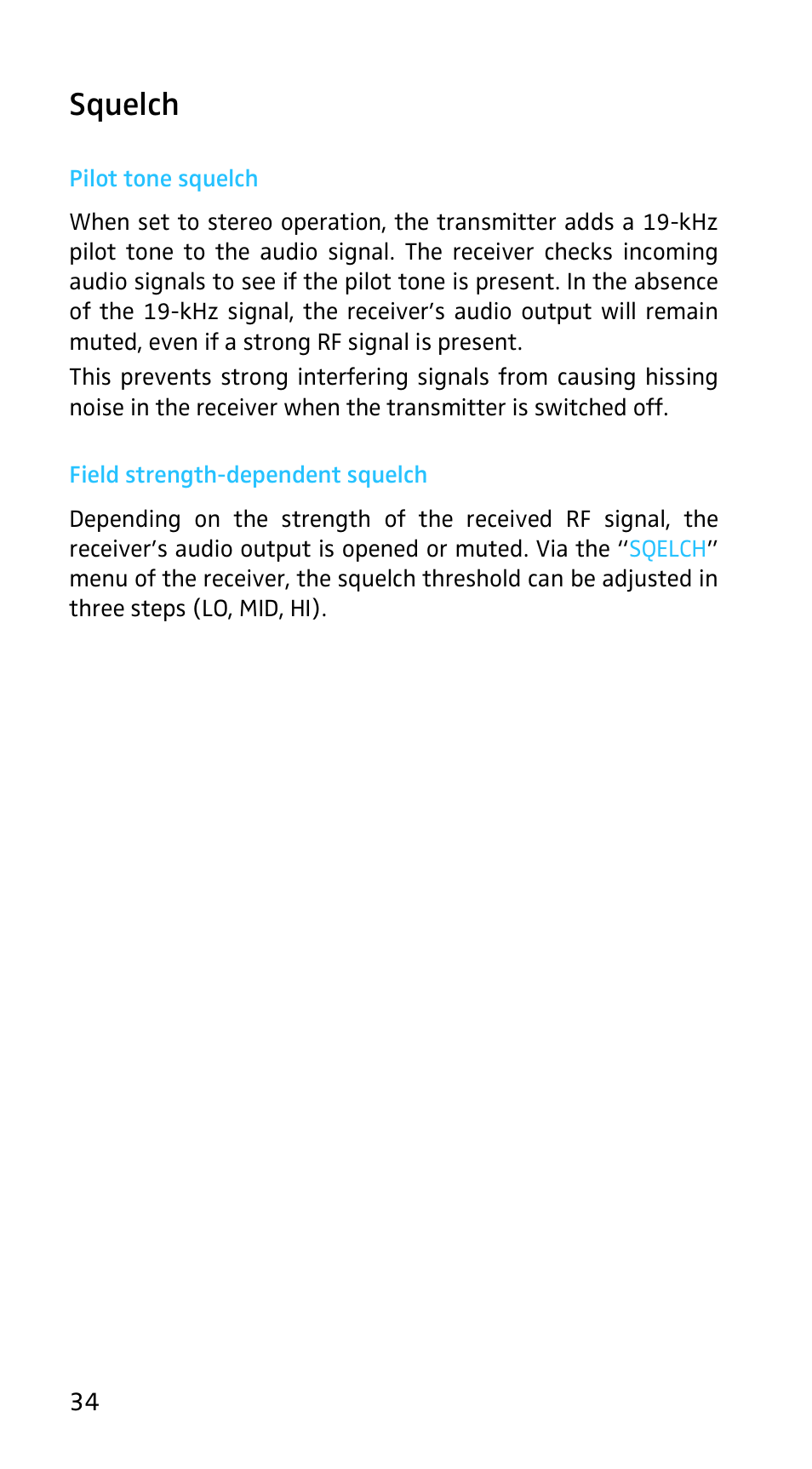Squelch, Pilot tone squelch, Field strength-dependent squelch | Sennheiser EK3253 User Manual | Page 32 / 36