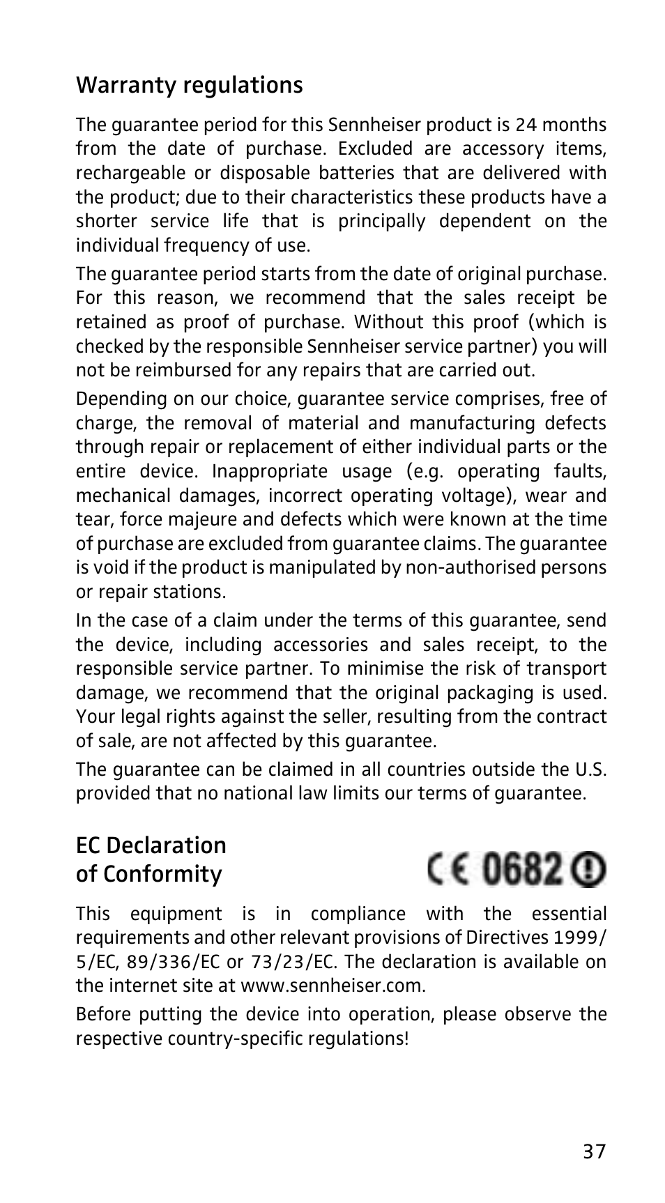 Warranty regulations, Ec declaration of conformity | Sennheiser EK3253 User Manual | Page 35 / 36