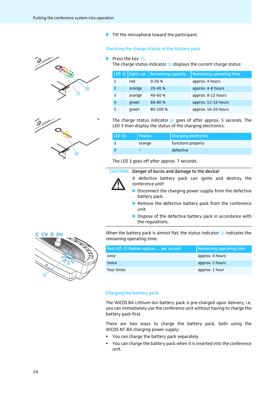 Checking the charge status of the battery pack, Charging the battery pack | Sennheiser WiCOS User Manual | Page 28 / 92