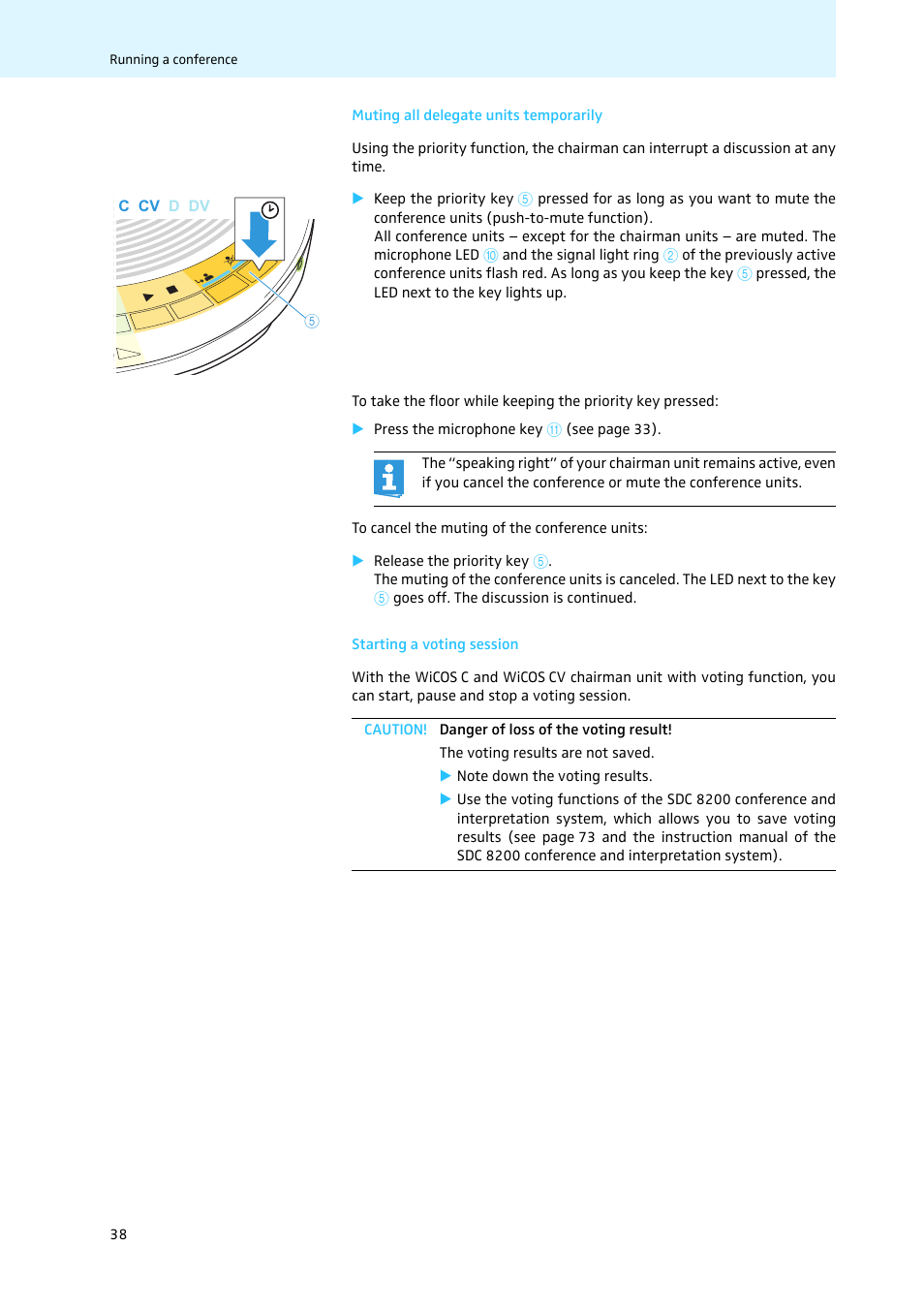 Muting all delegate units temporarily, Starting a voting session | Sennheiser WiCOS User Manual | Page 40 / 92