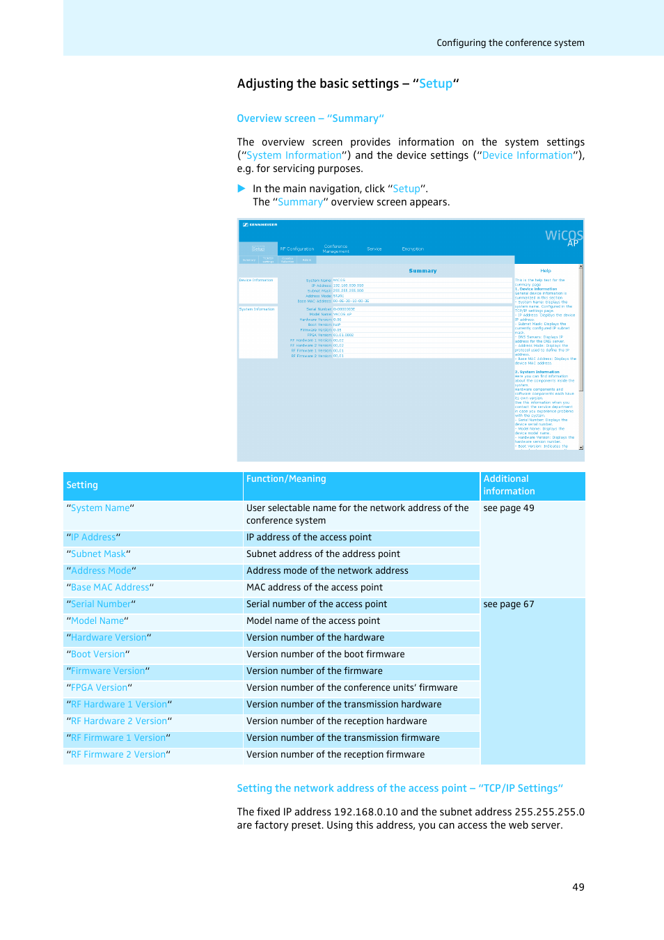 Adjusting the basic settings - “setup, Overview screen - “summary, Adjusting the basic settings – “ setup | Sennheiser WiCOS User Manual | Page 51 / 92