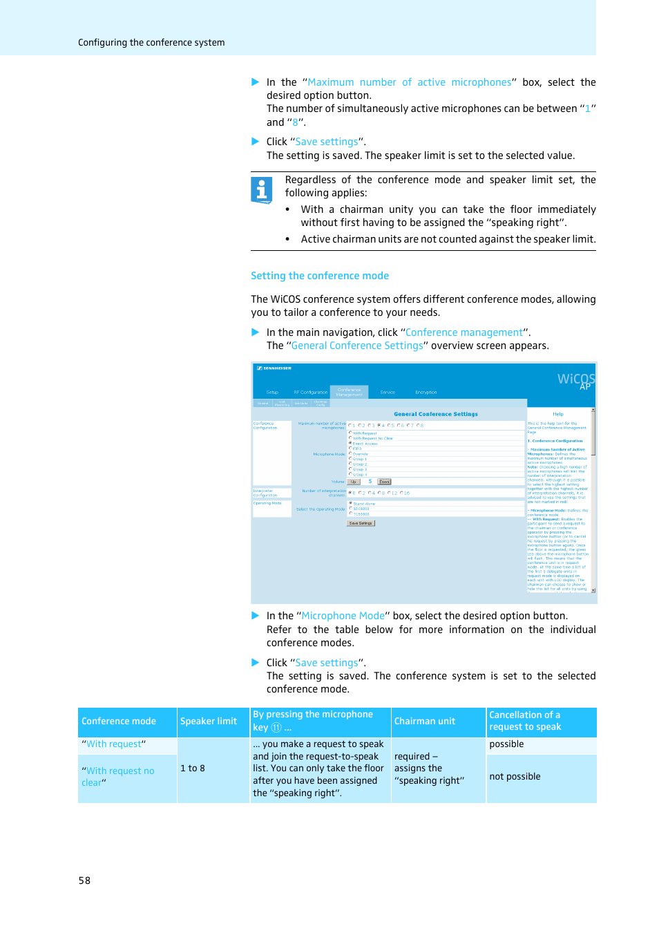 Setting the conference mode | Sennheiser WiCOS User Manual | Page 60 / 92