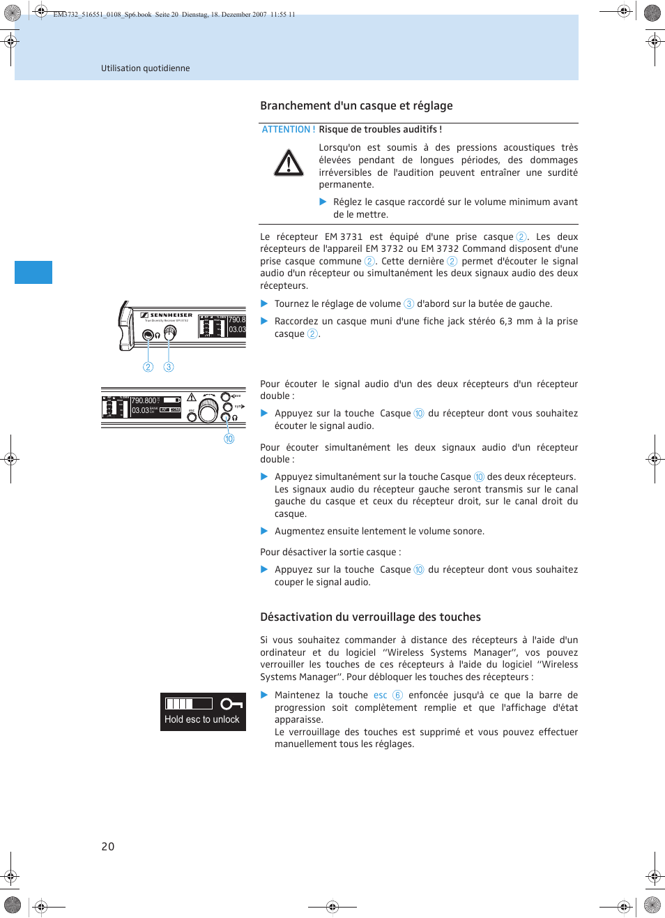 Branchement d'un casque et réglage, Désactivation du verrouillage des touches, Le récepteur em 3731 est équipé d'une prise casque | Cette dernière, Hold esc to unlock | Sennheiser EM 3732 User Manual | Page 112 / 269