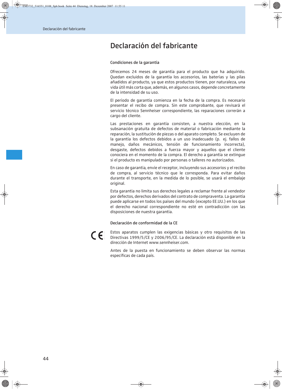 Declaración del fabricante | Sennheiser EM 3732 User Manual | Page 224 / 269