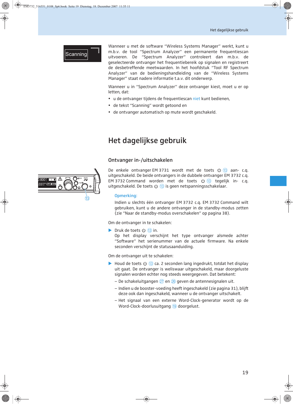 Het dagelijkse gebruik, Ontvanger in-/uitschakelen, Scanning | Sennheiser EM 3732 User Manual | Page 243 / 269