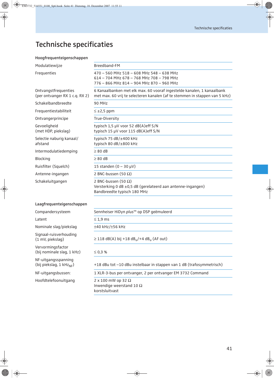 Technische specificaties | Sennheiser EM 3732 User Manual | Page 265 / 269