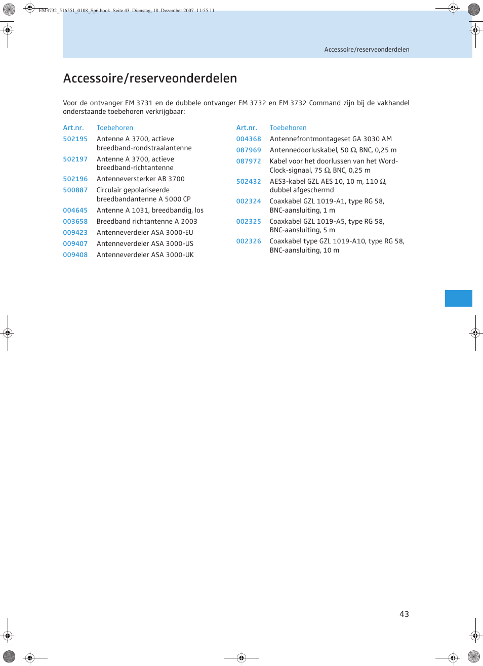 Accessoire/reserveonderdelen | Sennheiser EM 3732 User Manual | Page 267 / 269