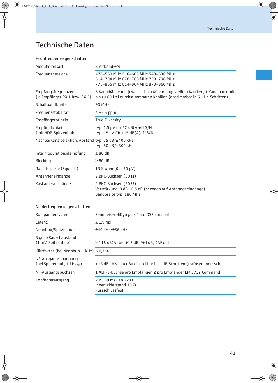 Technische daten | Sennheiser EM 3732 User Manual | Page 45 / 269