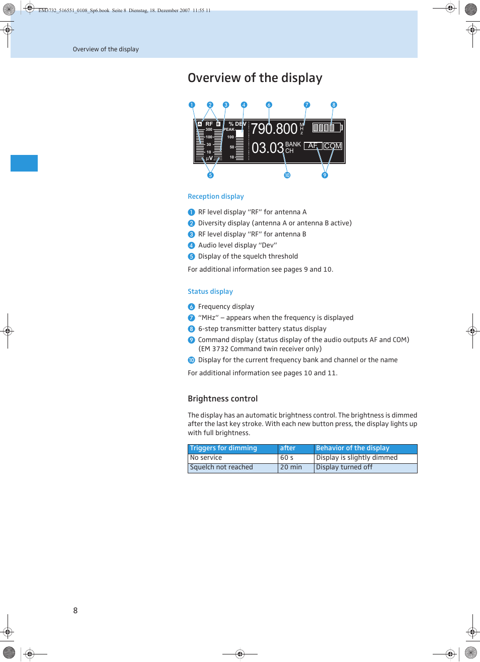 Overview of the display, Brightness control | Sennheiser EM 3732 User Manual | Page 56 / 269