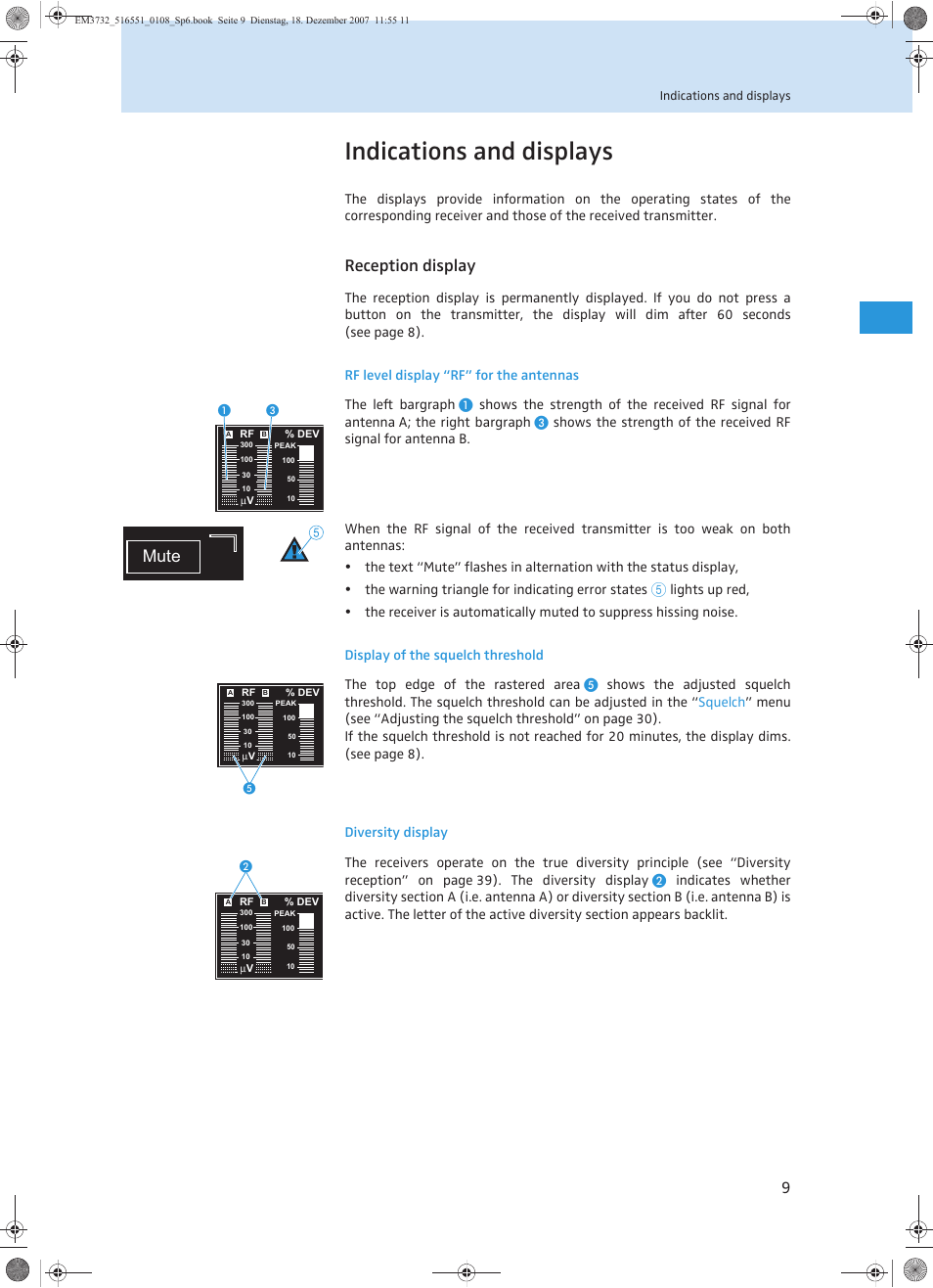 Indications and displays, Reception display, Mute | Sennheiser EM 3732 User Manual | Page 57 / 269