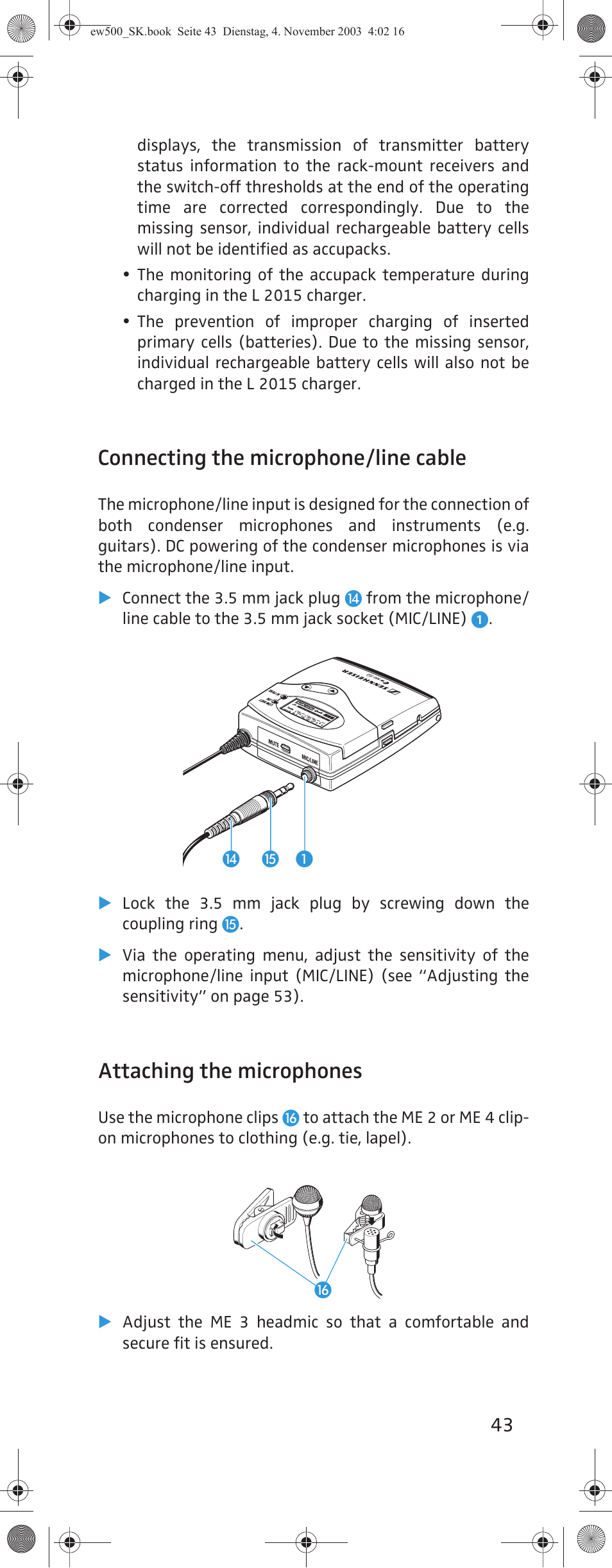 Connecting the microphone/line cable, Attaching the microphones | Sennheiser SK 500 G2 User Manual | Page 11 / 29
