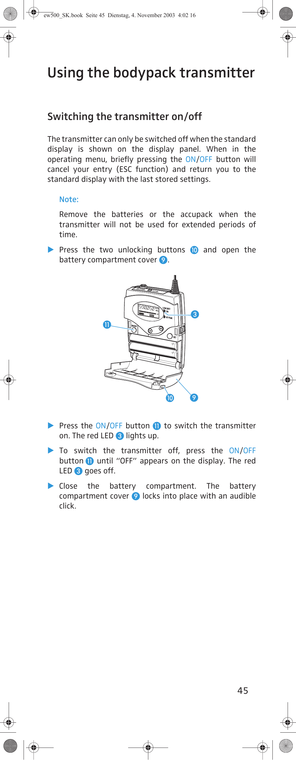 Using the bodypack transmitter, Switching the transmitter on/off | Sennheiser SK 500 G2 User Manual | Page 13 / 29