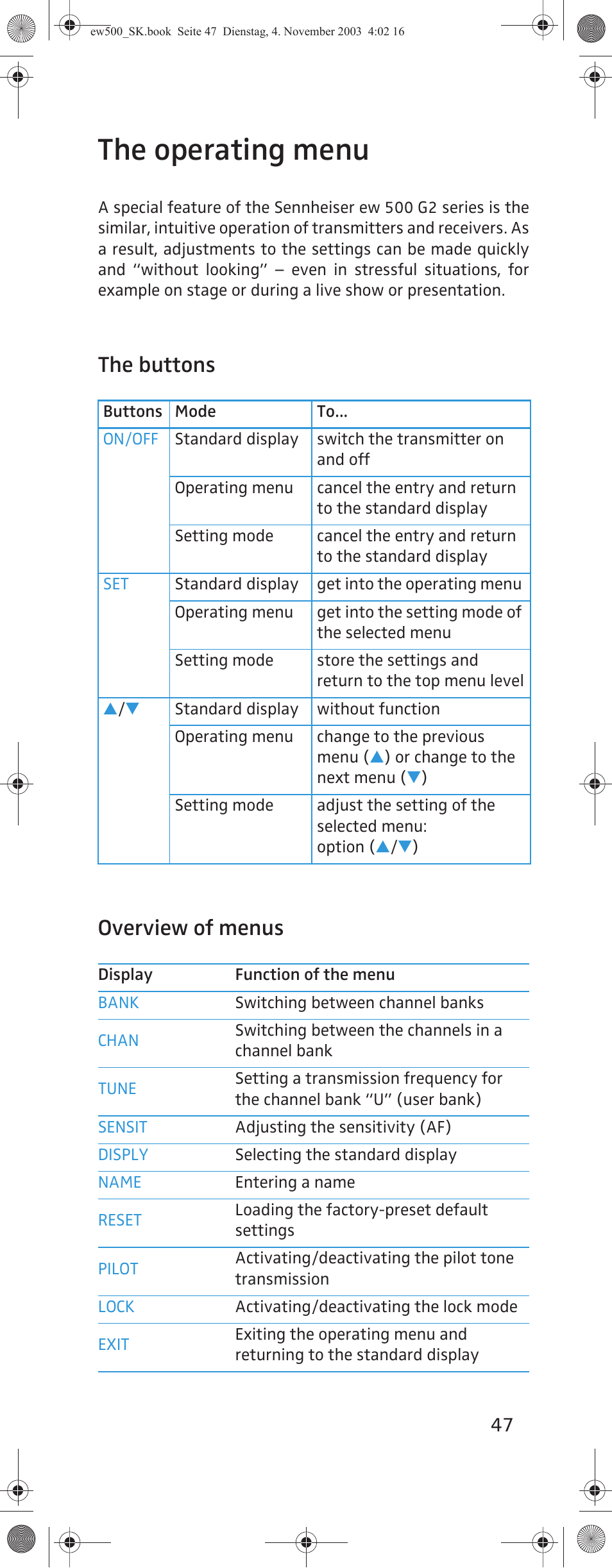 The operating menu, The buttons overview of menus | Sennheiser SK 500 G2 User Manual | Page 15 / 29
