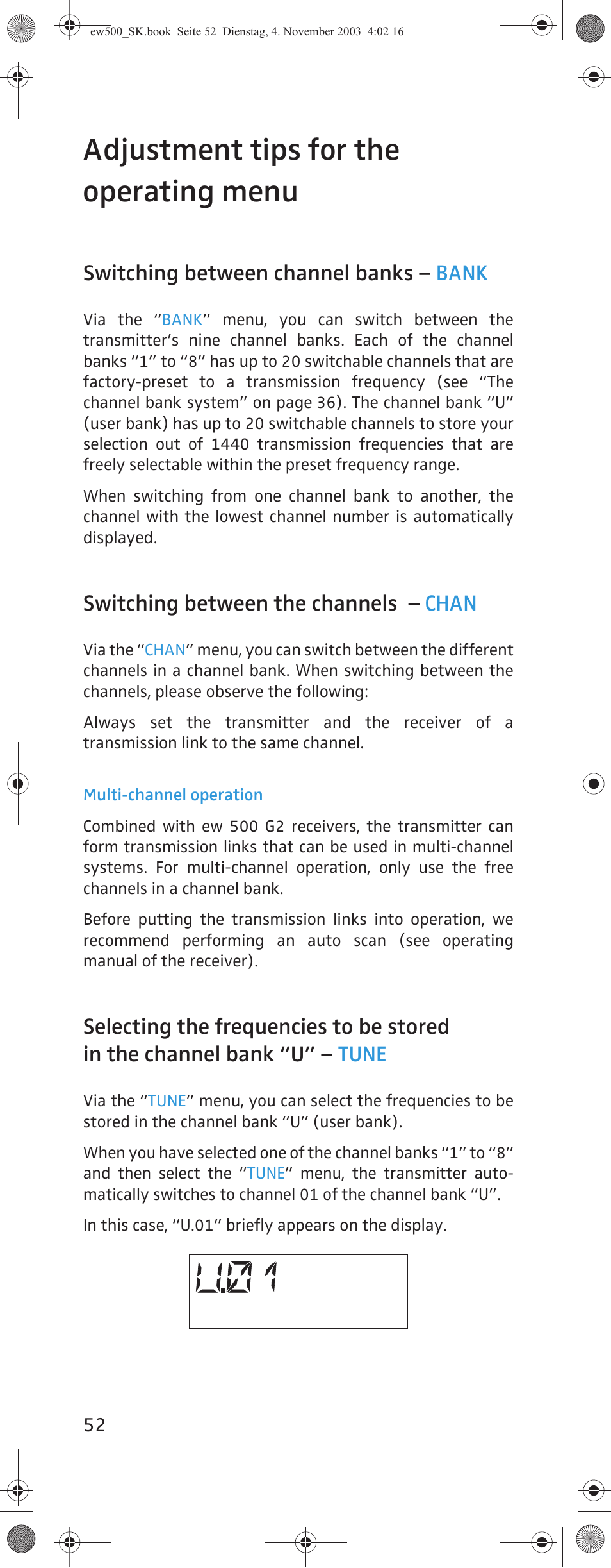 Adjustment tips for the operating menu, Switching between channel banks – bank, Switching between the channels – chan | Sennheiser SK 500 G2 User Manual | Page 20 / 29