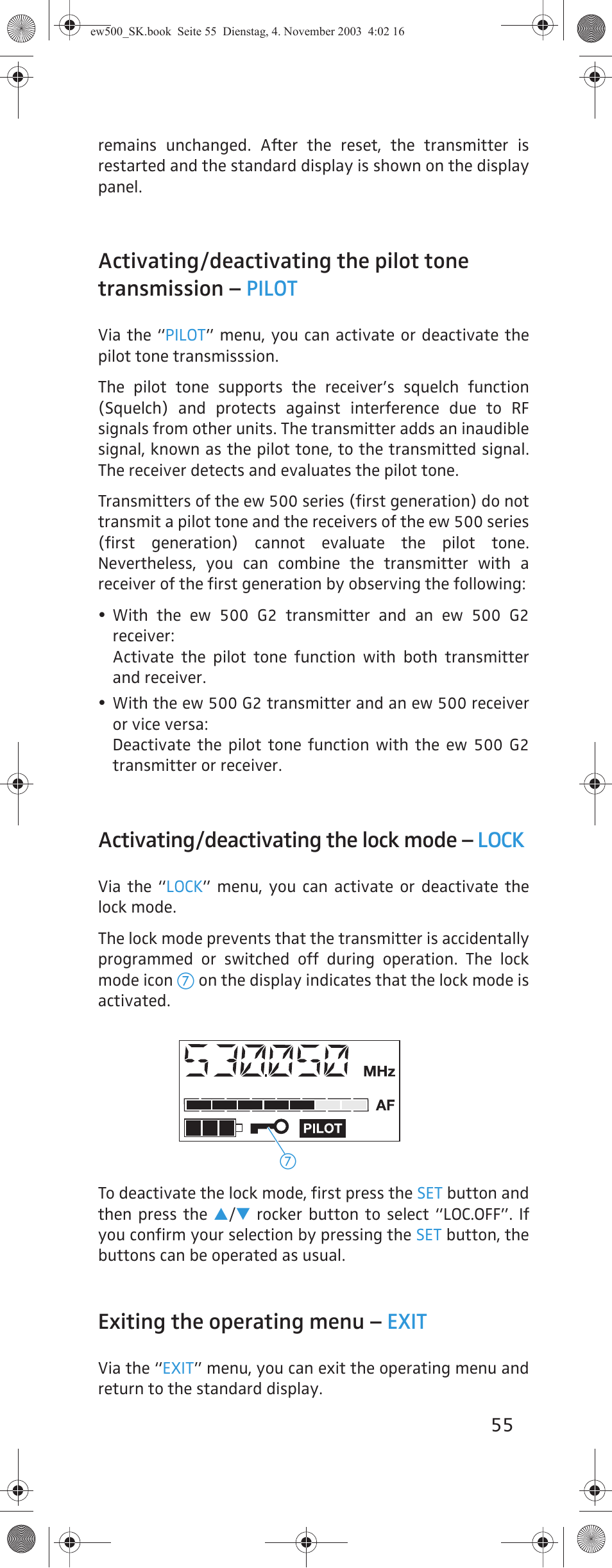 Activating/deactivating the lock mode – lock, Exiting the operating menu – exit | Sennheiser SK 500 G2 User Manual | Page 23 / 29