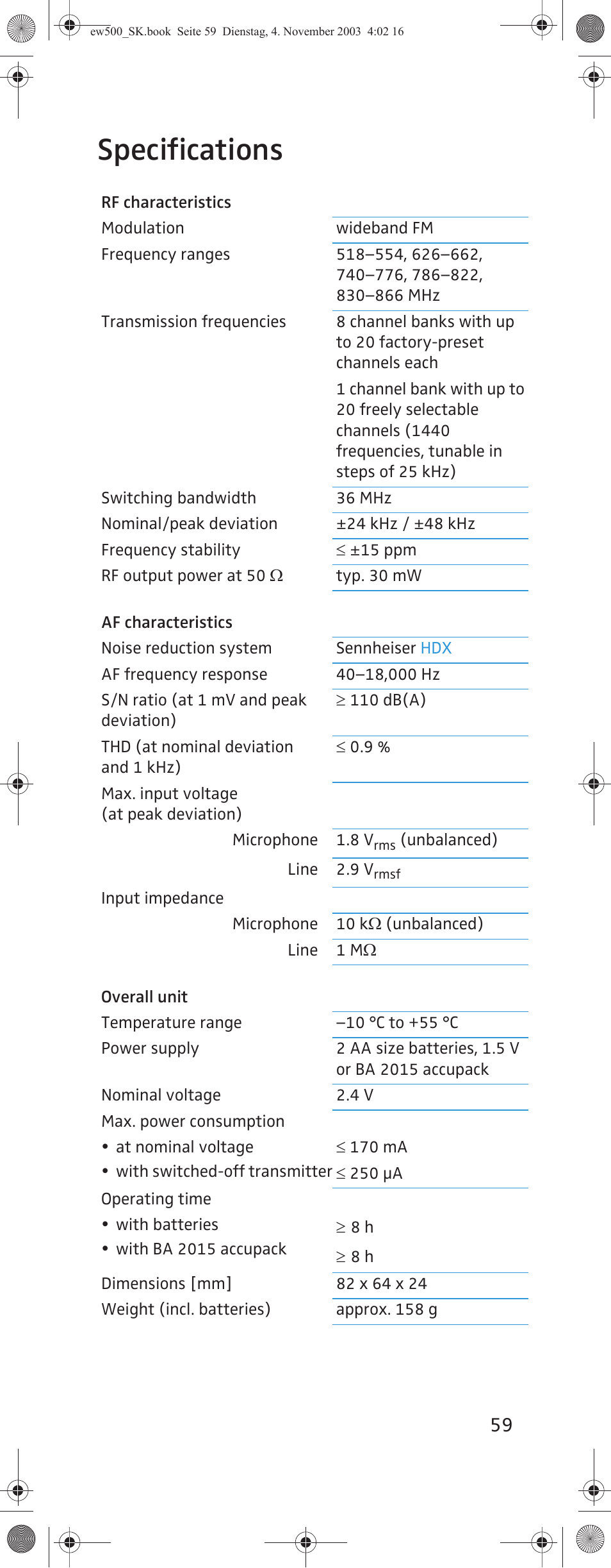 Specifications | Sennheiser SK 500 G2 User Manual | Page 27 / 29