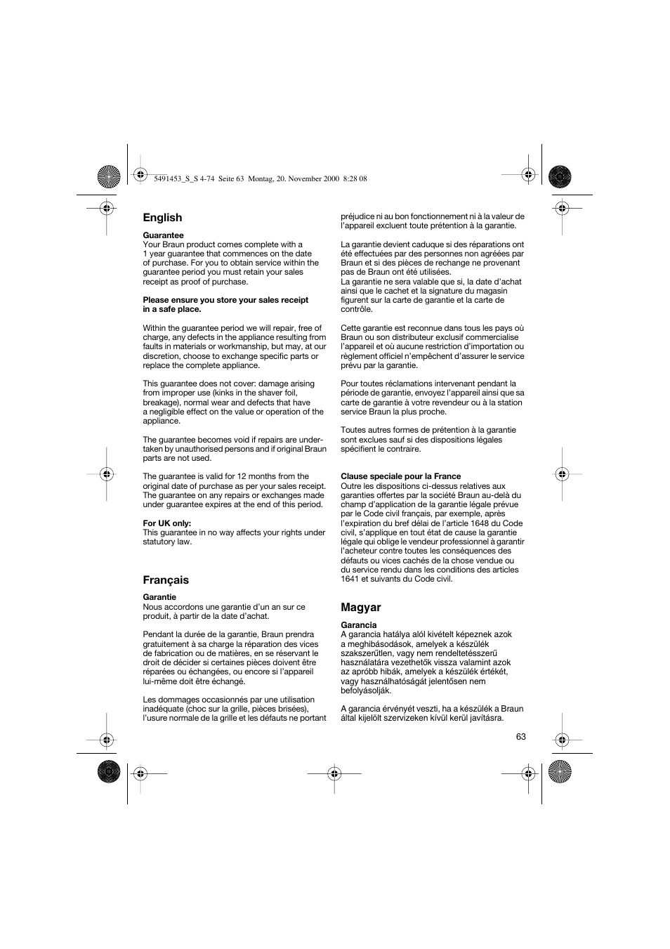 English, Français, Magyar | Braun 7570 User Manual | Page 63 / 71