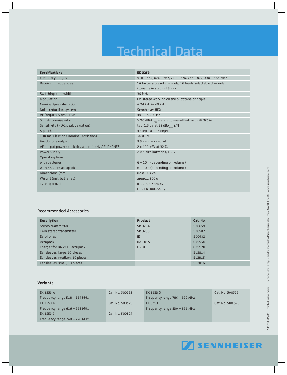 Technical data, Recommended accessories, Variants | Sennheiser EK 3253 User Manual | Page 2 / 2