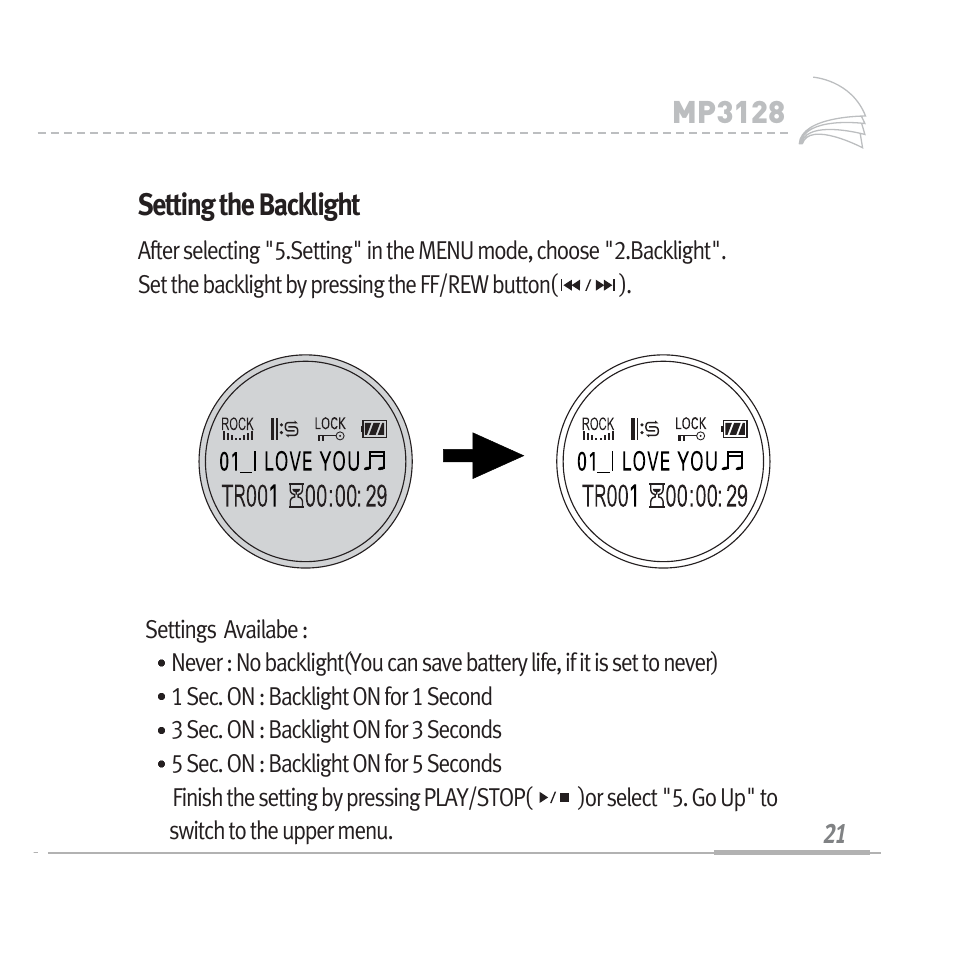 Mp3128, Setting the backlight | Sennheiser Digital Audio Player MP3128 User Manual | Page 24 / 44