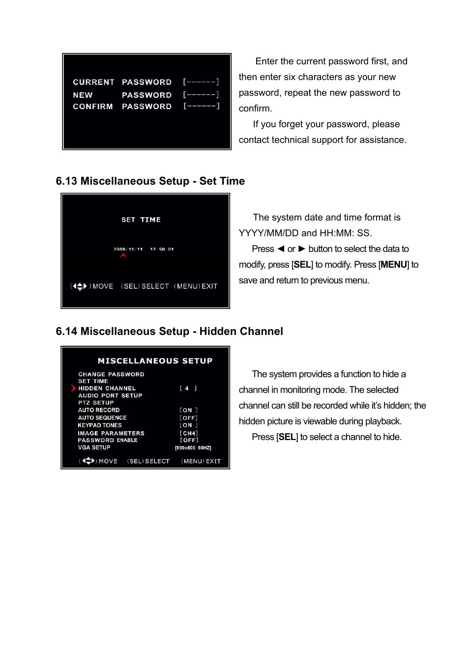 13 miscellaneous setup - set time, 14 miscellaneous setup - hidden channel | Swann 4/9-SecuraNet SW243-4MB User Manual | Page 17 / 36