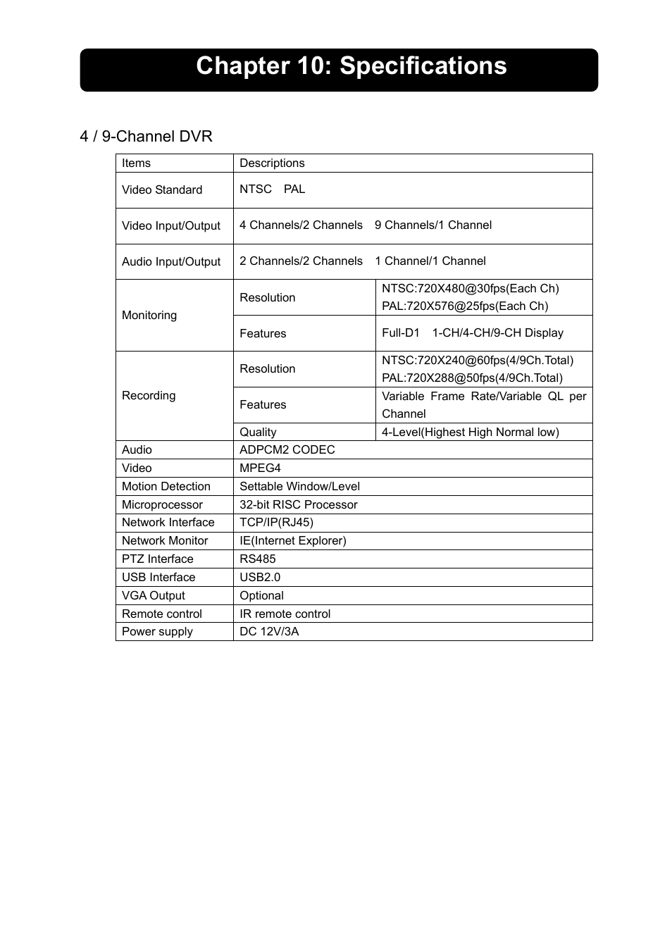 Chapter 10: specifications, 4 / 9-channel dvr | Swann 4/9-SecuraNet SW243-4MB User Manual | Page 33 / 36