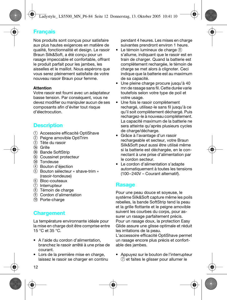 Description, Chargement, Rasage | Français | Braun LS 5500 User Manual | Page 12 / 82