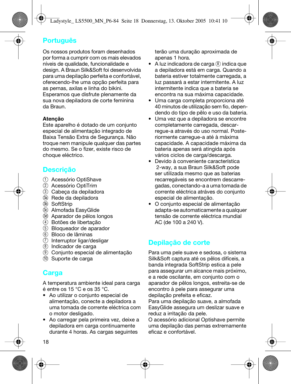Descrição, Carga, Depilação de corte | Português | Braun LS 5500 User Manual | Page 18 / 82