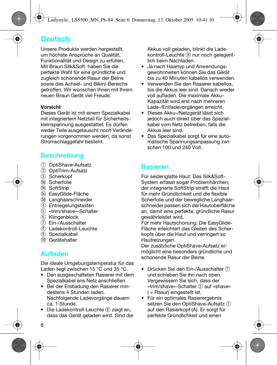 Deutsch, Beschreibung, Aufladen | Rasieren | Braun LS 5500 User Manual | Page 6 / 82