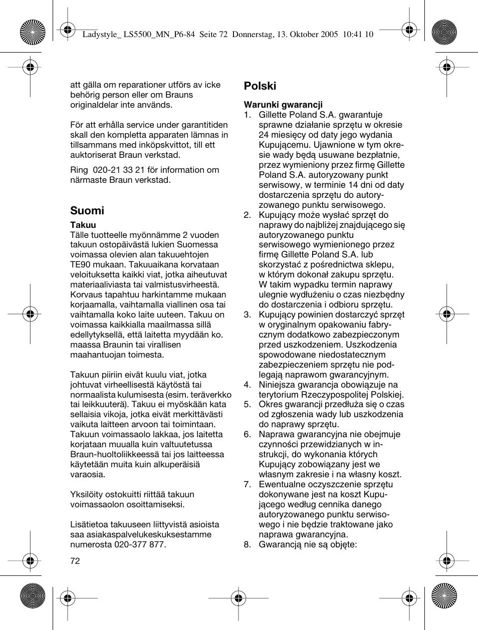 Suomi, Polski | Braun LS 5500 User Manual | Page 72 / 82