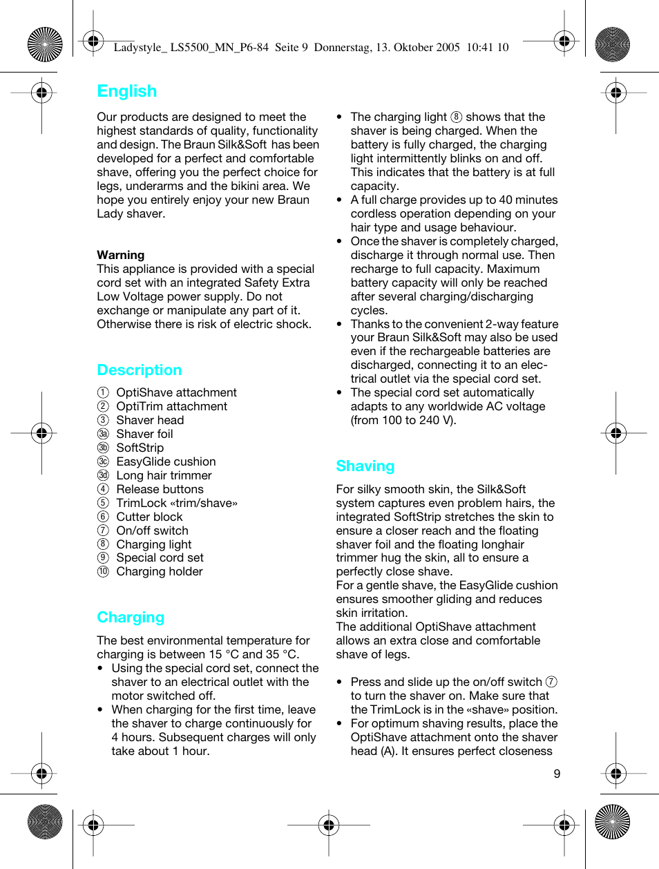 English, Description, Charging | Shaving | Braun LS 5500 User Manual | Page 9 / 82