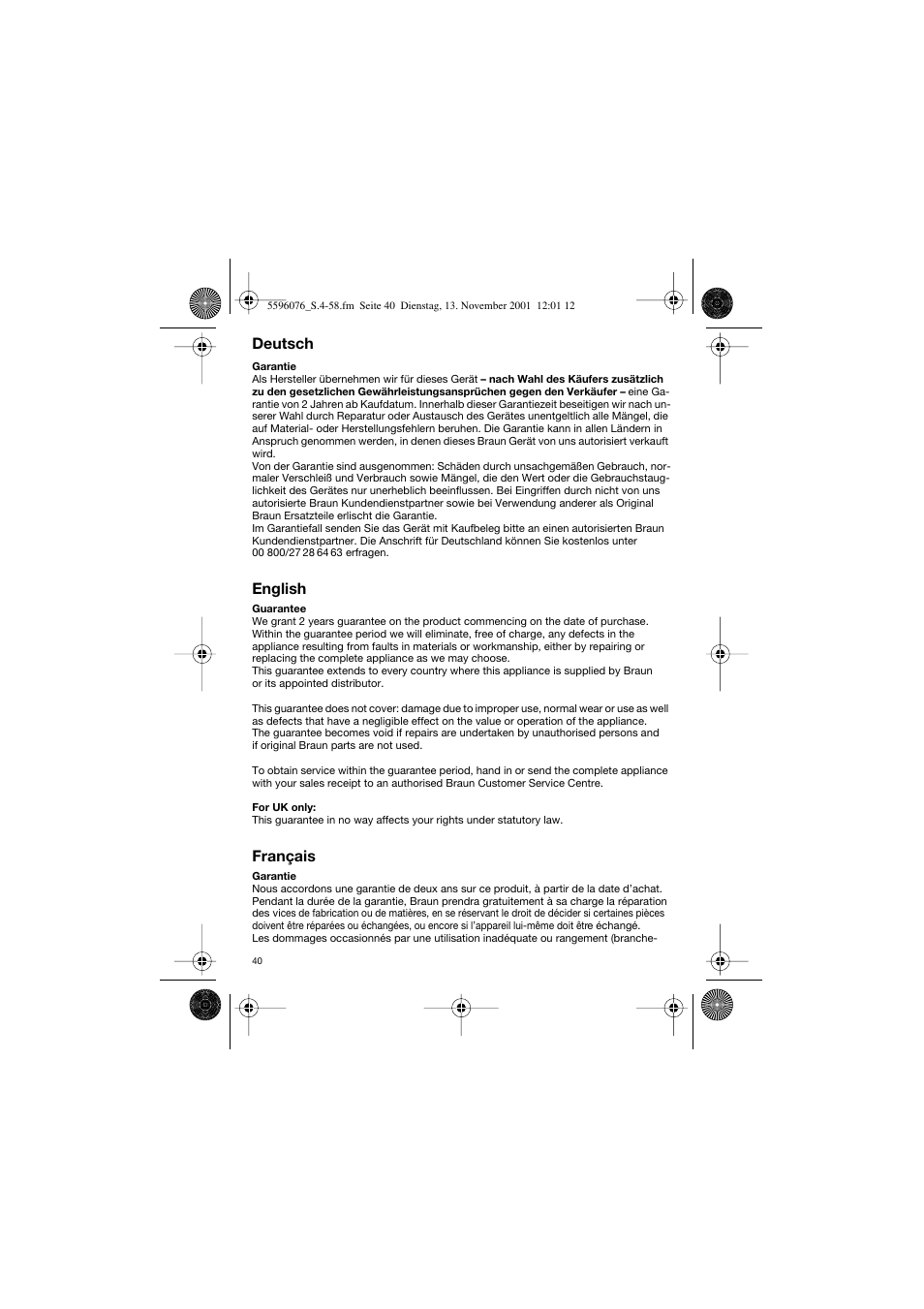 Deutsch, English, Français | Braun 2560 User Manual | Page 40 / 54