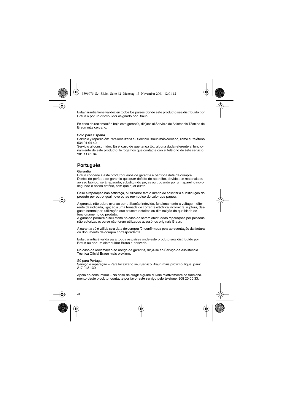 Português | Braun 2560 User Manual | Page 42 / 54