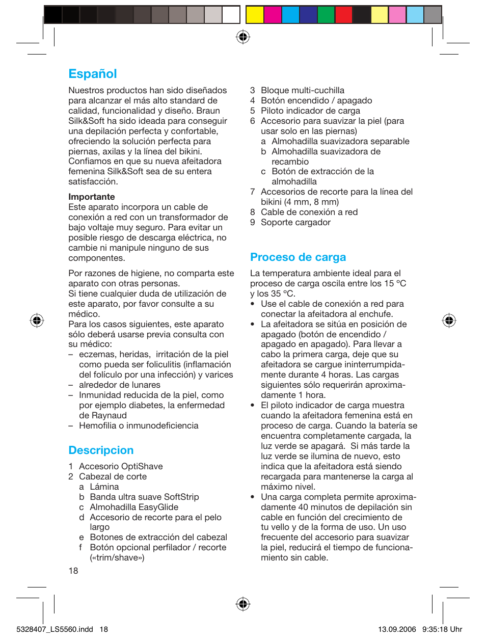 Español, Descripcion, Proceso de carga | Braun LS 5560 User Manual | Page 17 / 88