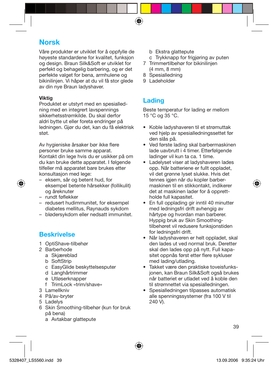Norsk, Beskrivelse, Lading | Braun LS 5560 User Manual | Page 38 / 88