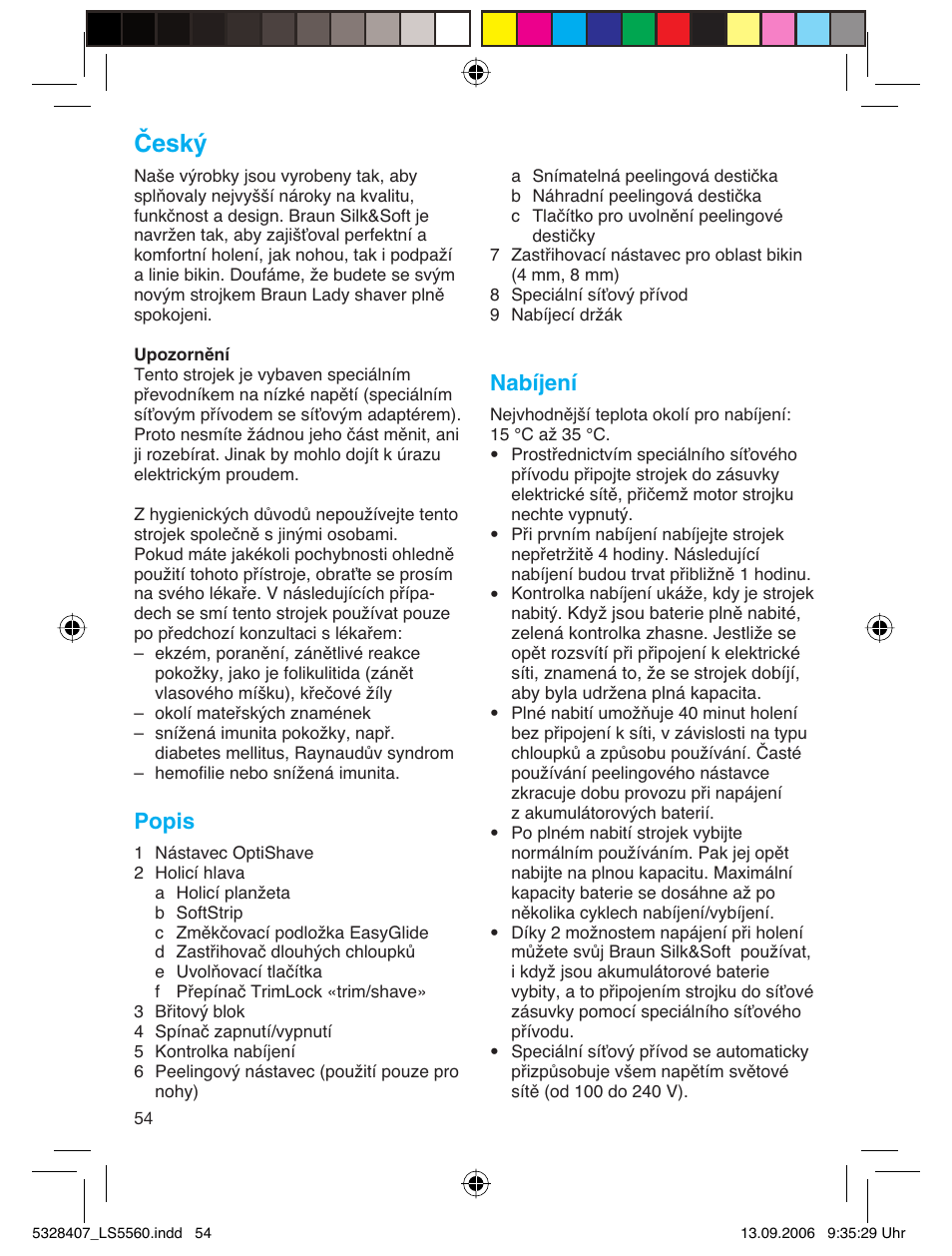 Český, Popis, Nabíjení | Braun LS 5560 User Manual | Page 53 / 88