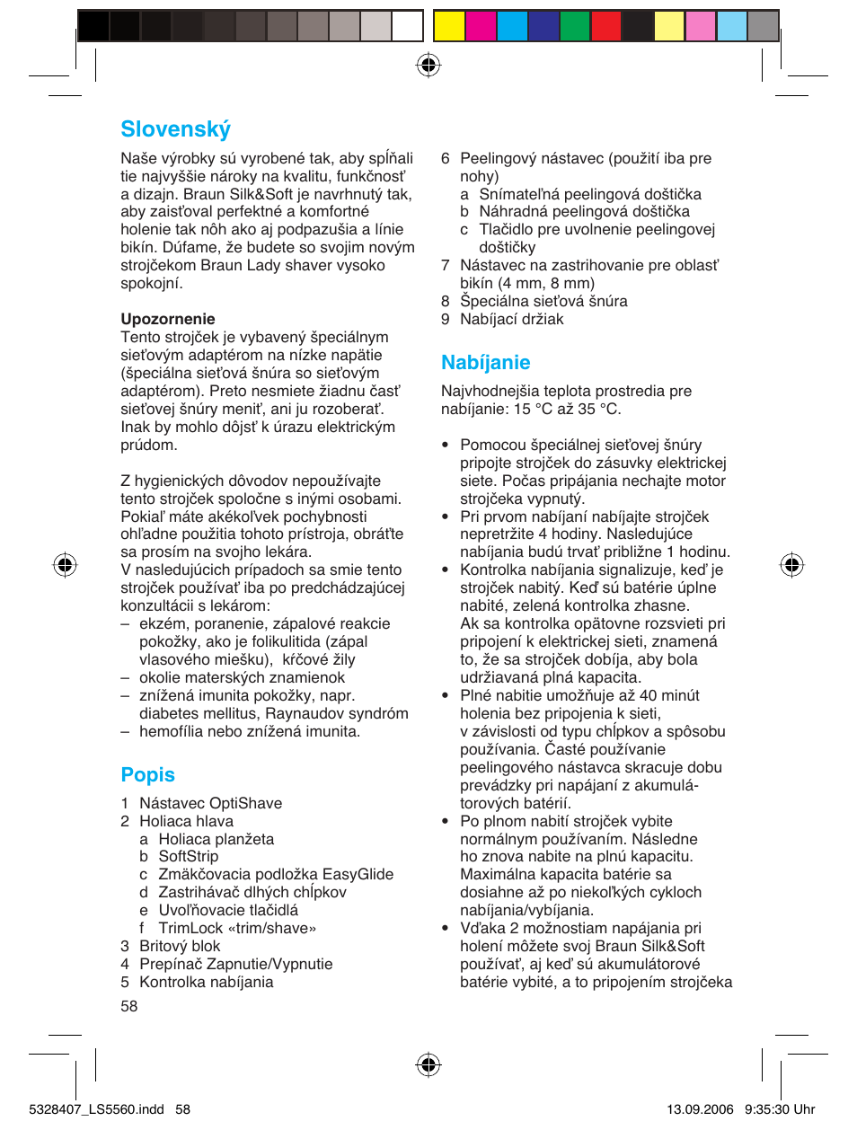 Slovenský, Popis, Nabíjanie | Braun LS 5560 User Manual | Page 57 / 88