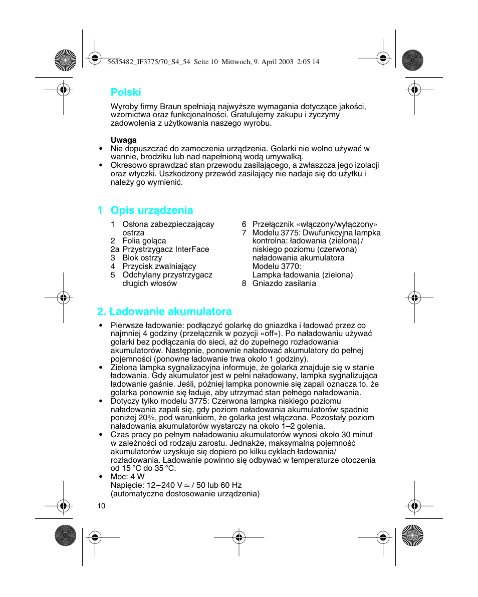 1 opis urzàdzenia, ¸adowanie akumulatora, Polski | Braun 7526 User Manual | Page 10 / 54