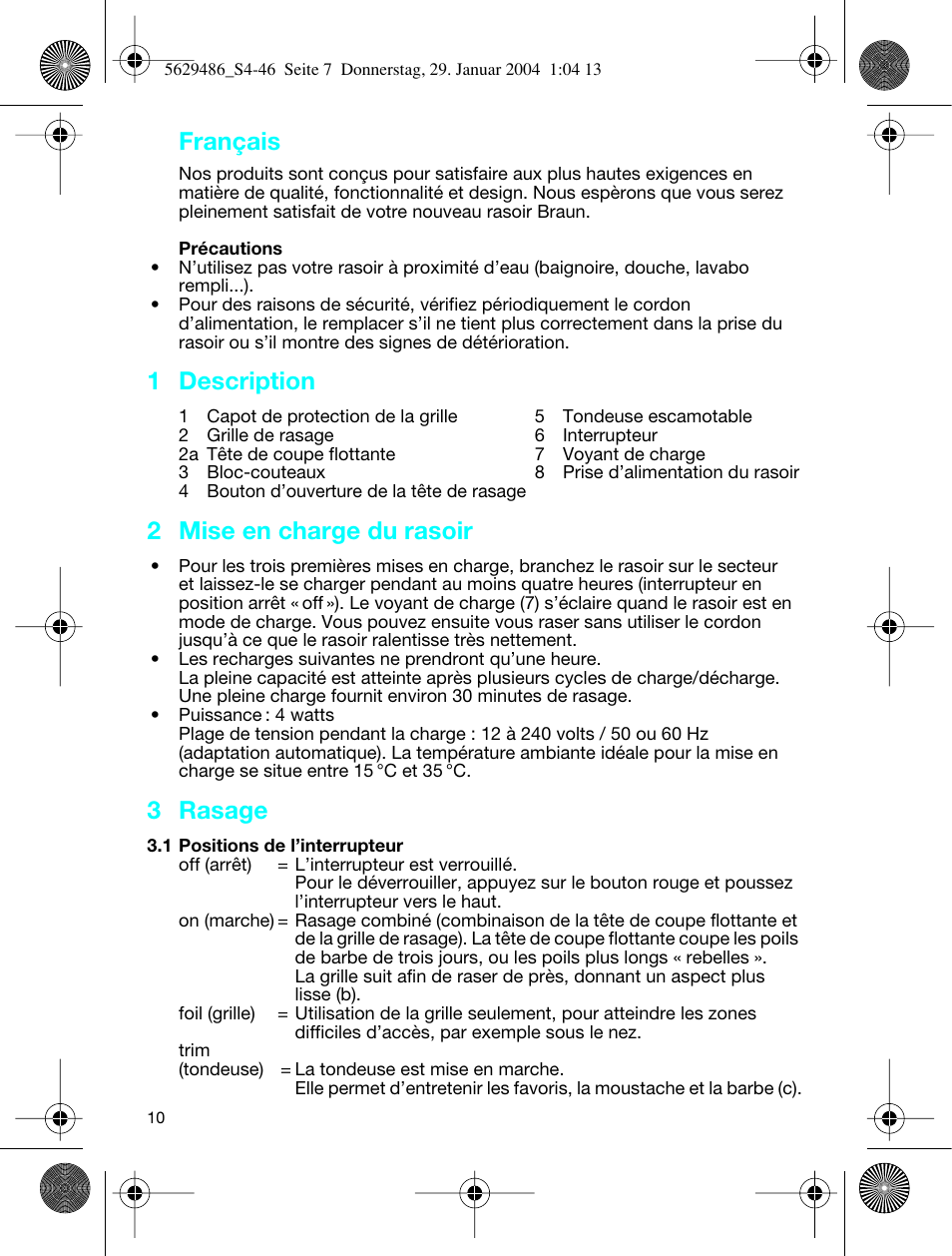 Français, 1 description, 2 mise en charge du rasoir | 3 rasage | Braun 3615 User Manual | Page 10 / 46