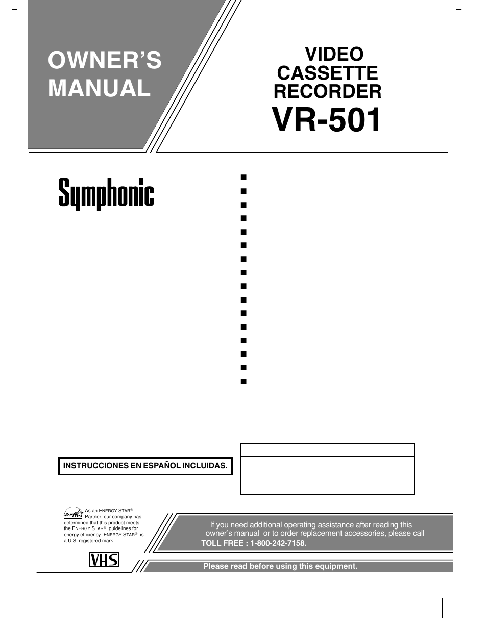 Symphonic VR-501 User Manual | 16 pages