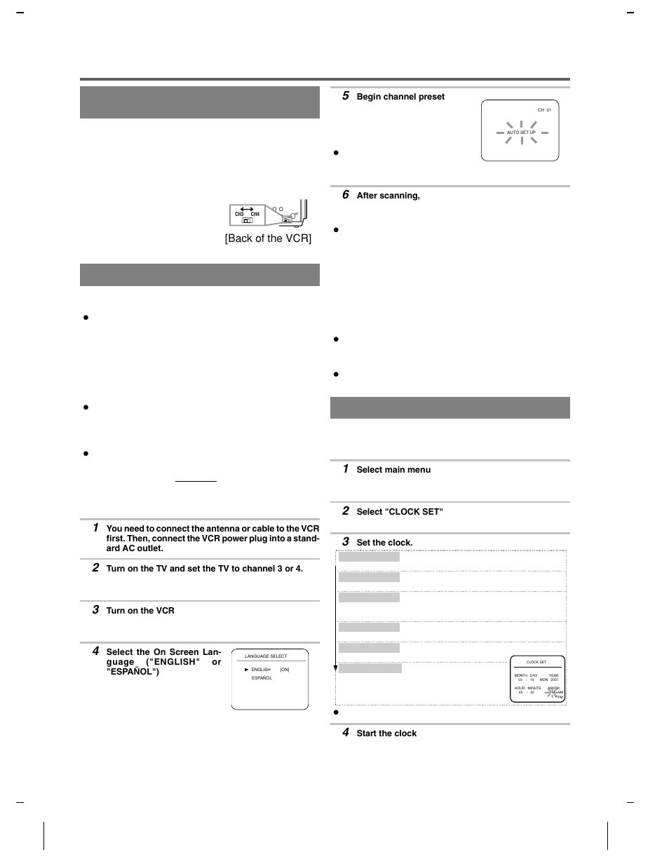 Initial set up for use, Setting the ch3/ch4 switch, Automatic channel set up | Clock set up | Symphonic VR-501 User Manual | Page 7 / 16