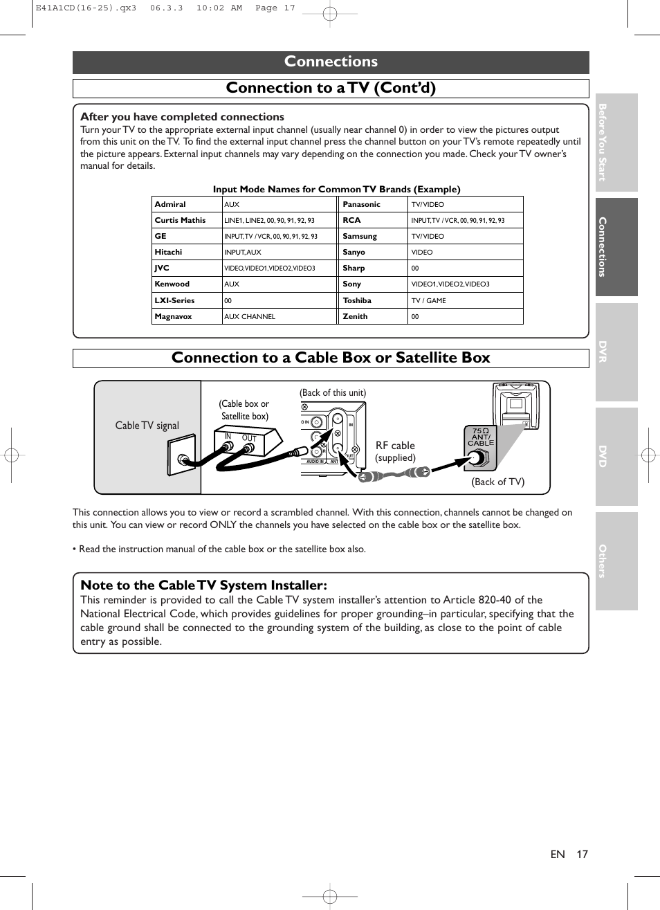 Connections, After you have completed connections, Rf cable | Cable tv signal | Symphonic CHSP80G User Manual | Page 17 / 96