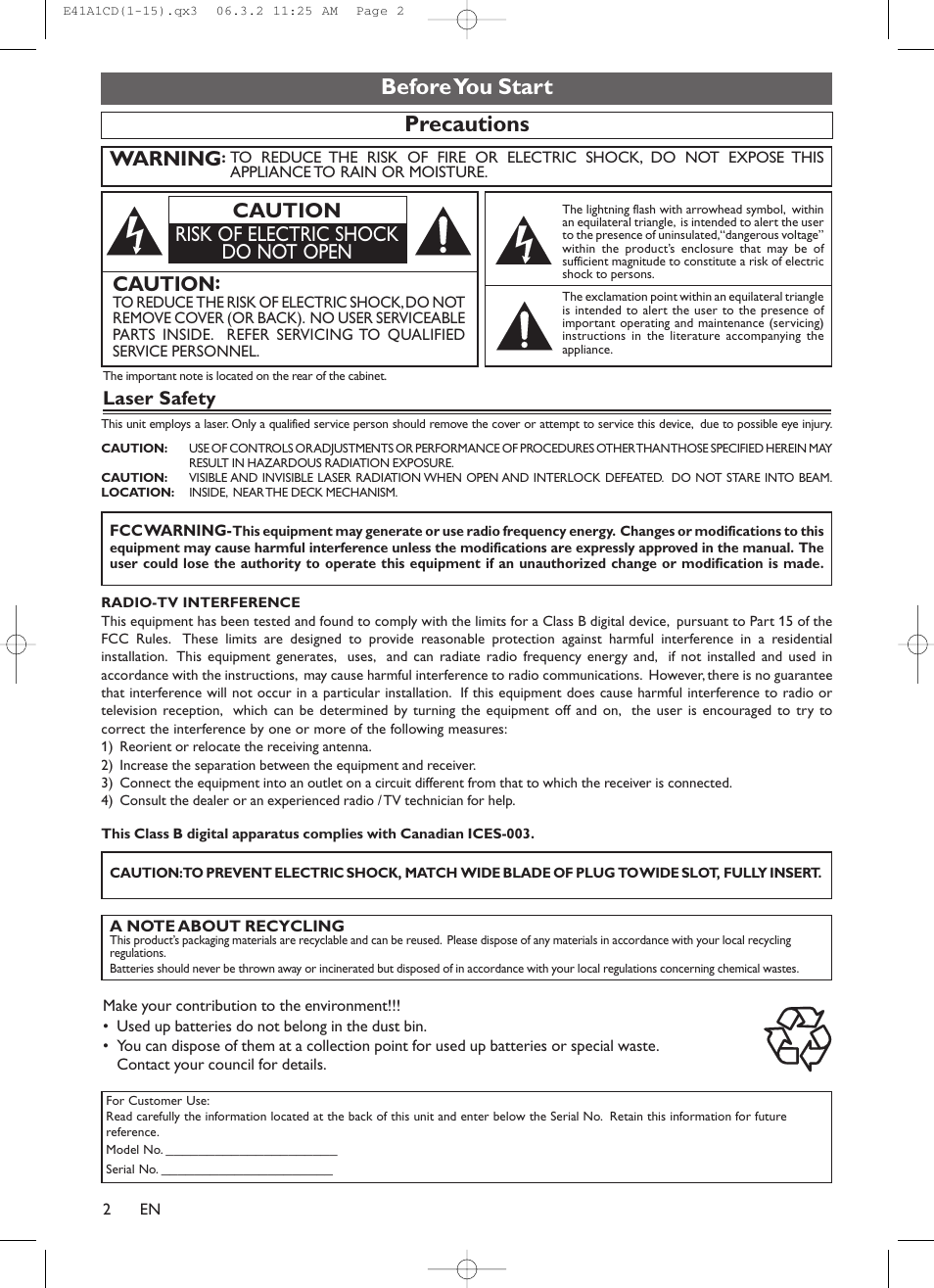 Precautions before you start, Warning, Caution | Caution risk of electric shock do not open, Laser safety | Symphonic CHSP80G User Manual | Page 2 / 96