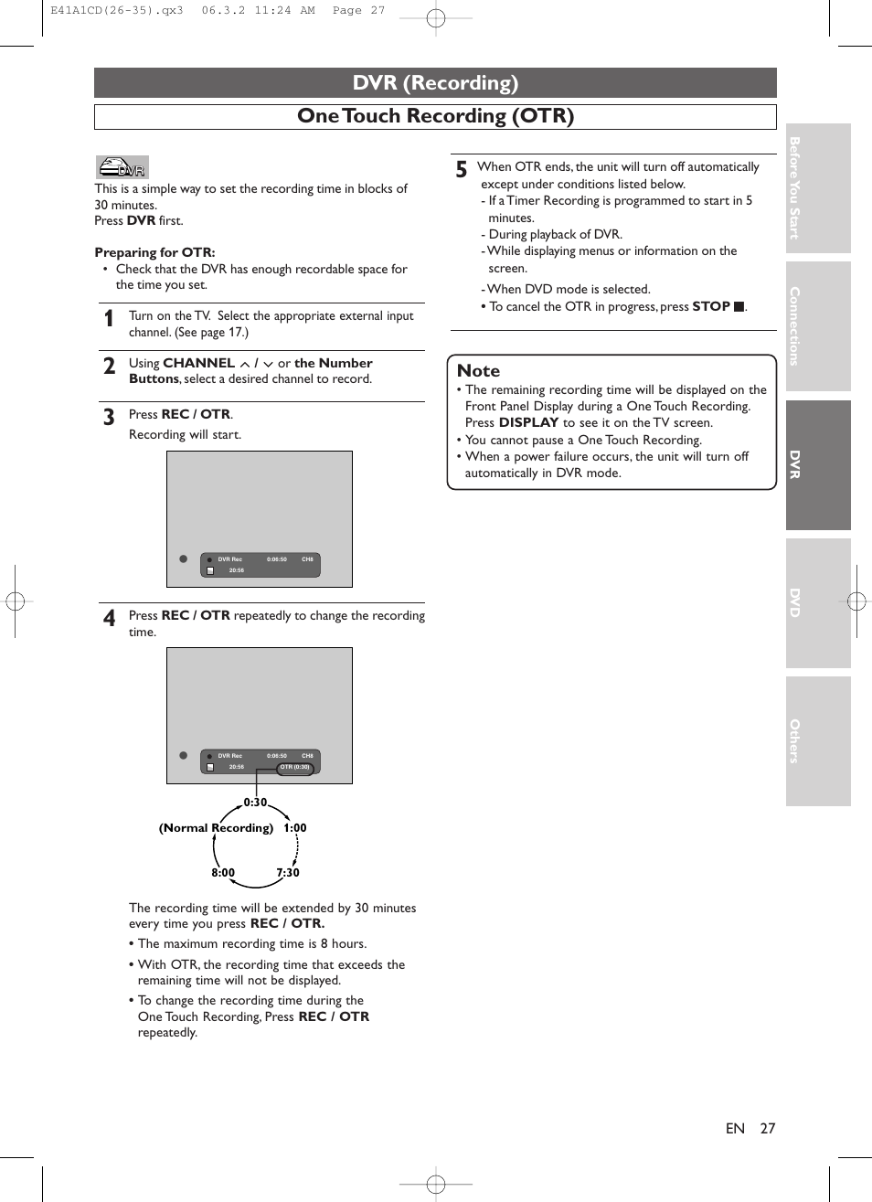 One touch recording (otr), Dvr (recording) | Symphonic CHSP80G User Manual | Page 27 / 96