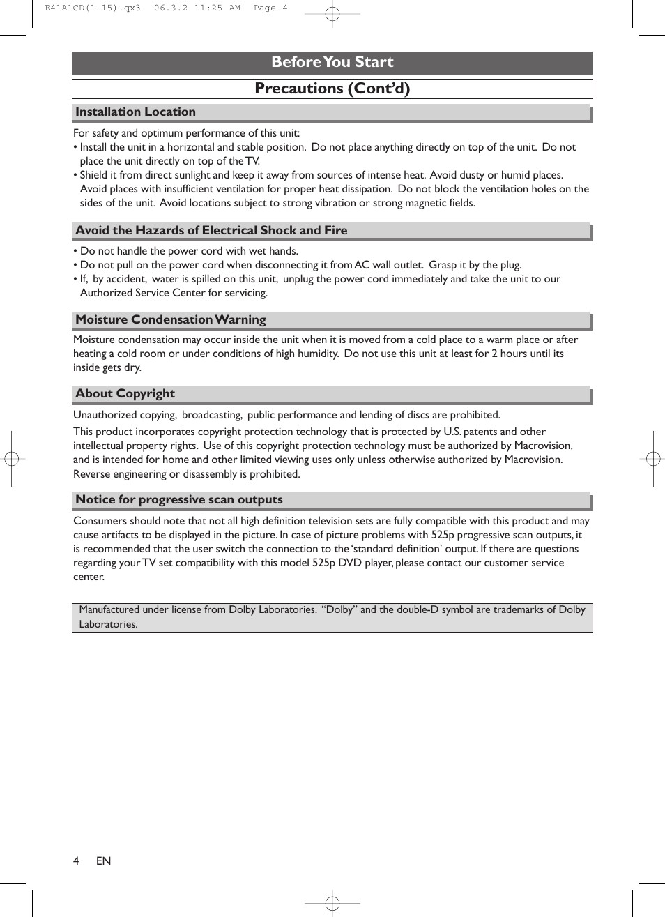 Precautions (cont’d), Before you start | Symphonic CHSP80G User Manual | Page 4 / 96